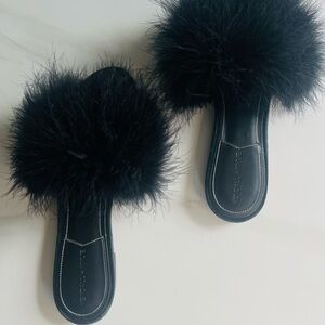 Black Ostrich Slide Sandals
